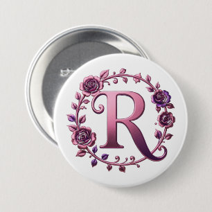 Bóton Redondo 7.62cm Rosemaling Metálico Moderno Letra R, Rosa/Roxo