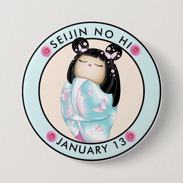 Bóton Redondo 7.62cm Seijin no Hi kokeshi borboletas (Frente)