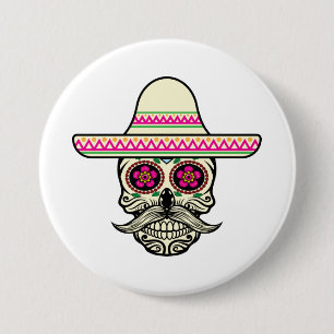 Bóton Redondo 7.62cm Simples Dia de Muertos Skull com Chapéu   Botao