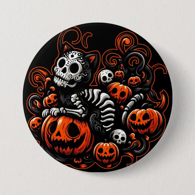Bóton Redondo 7.62cm Spooky Cat e Pumpkins (Frente)