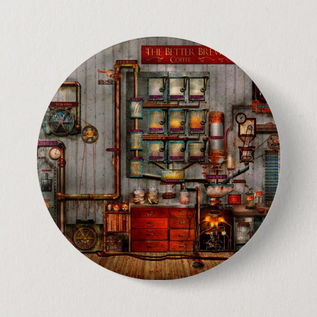 Bóton Redondo 7.62cm Steampunk - café - o fabricante de café da empresa (Frente)