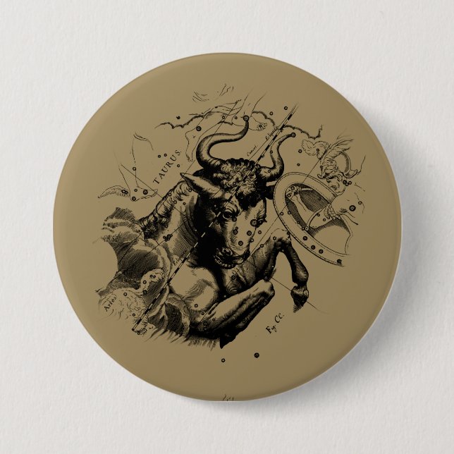 Bóton Redondo 7.62cm Taurus Zodiac Constelation Map Hevelius 1690 (Frente)
