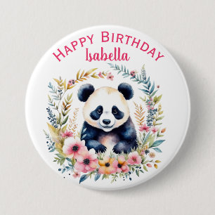 Bóton Redondo 7.62cm Urso Panda em Flores Menina Personalizado Aniversá