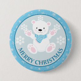 Bóton Redondo 7.62cm Urso Polar Fofo e Flocos de Neve Azul Natal