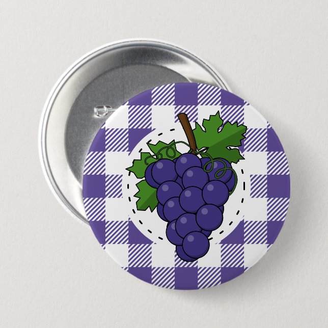 Bóton Redondo 7.62cm Uvas em Xadrez Violeta Branco (Frente & Verso)