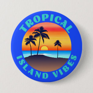 Bóton Redondo 7.62cm Vibrações de Ilha Tropical, Pôr do Sol com Palmeir