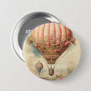 Bóton Redondo 7.62cm Vintage Steampunk Pink Floral Hot Air Balloon