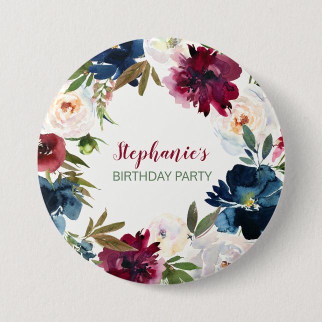 Bóton Redondo 7.62cm Watercolor Burgundy Marinho Flowday (Frente)