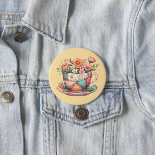 Bóton Redondo 7.62cm Xícara de Chá em Patchwork com Flores Caprichosas