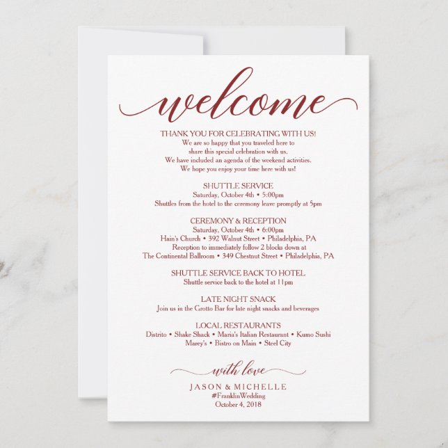 Bourgundy Script Wedding Itinerary -Wedding Welcom (Frente)