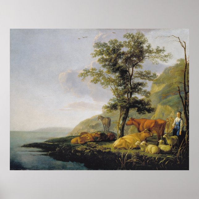 Bovinos perto de uma Poster do rio Aelbert Cuyp (Frente)