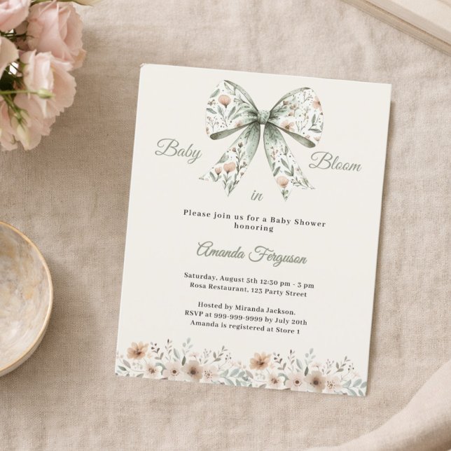 Bow green floral bloom Baby Shower invitation (Criador carregado)