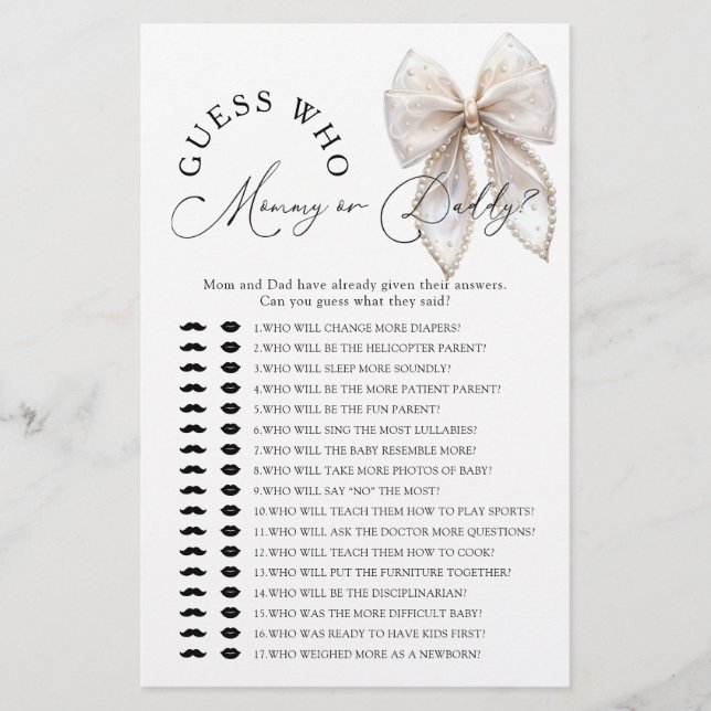 Bow Guess Who Mommy or Daddy Baby Shower Game (Frente)