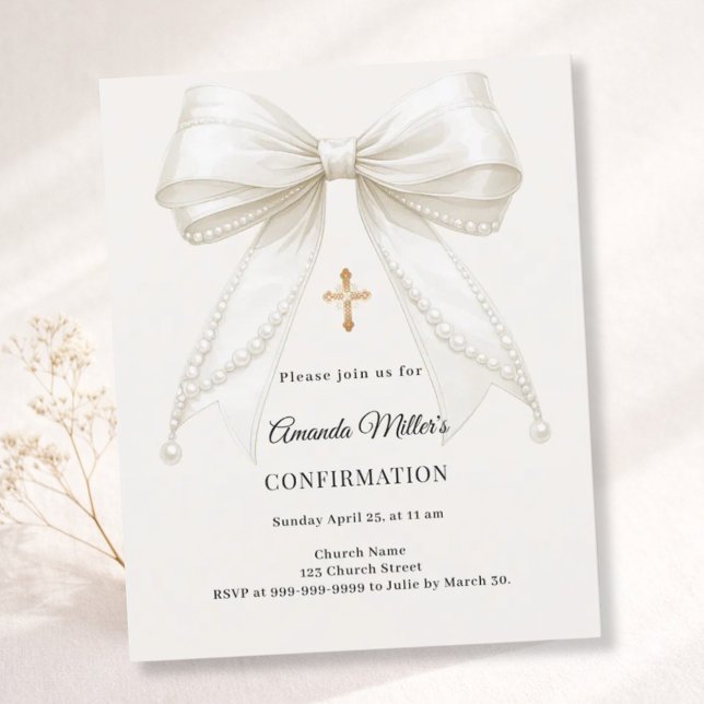 Bow ivory pearls girl Confirmation invitation (Criador carregado)