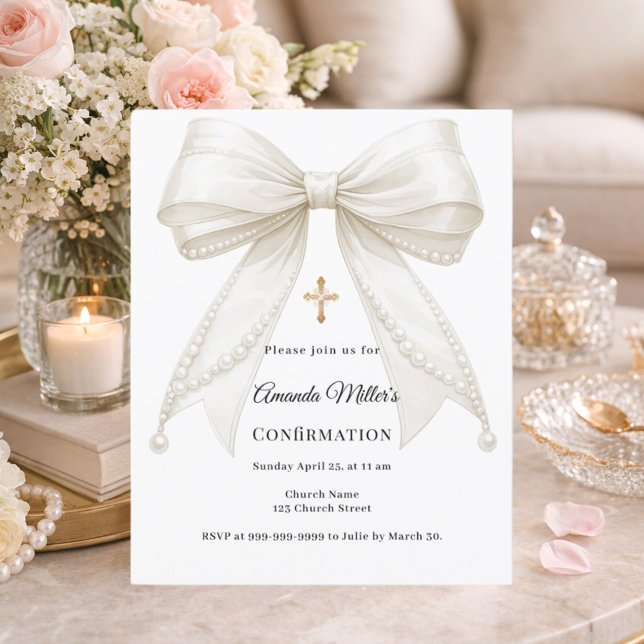 Bow ivory pearls girl Confirmation invitation (Criador carregado)