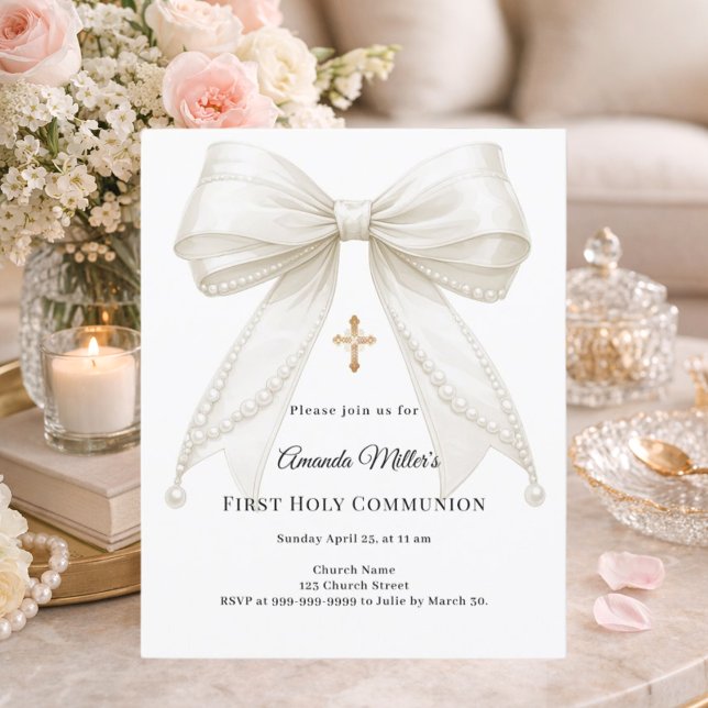 Bow ivory pearls girl First Communion invitation (Criador carregado)