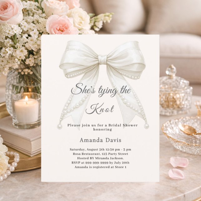 Bow ivory pearls knot Bridal Shower invitation (Criador carregado)