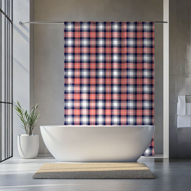 Box Cortina de Xadrez Azul Coral Presente para Dias Re (Coral Navy Plaid Curtain Gift for Relaxing Days)