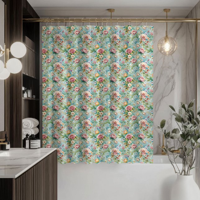 Box Cortina Rococó Moderna com Flores Pastel para Banh (Trendy Rococo Curtain Pastel Floral Bath Touch)