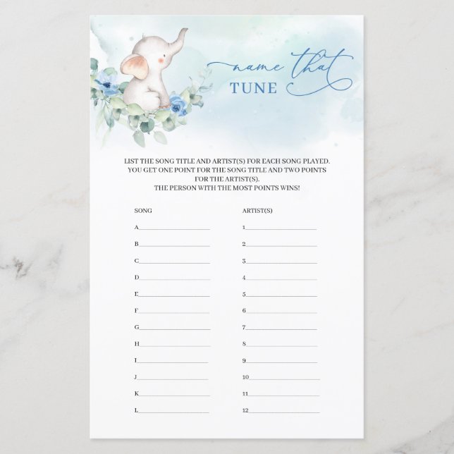 Boy Elephant Eucalyptus floral Name that Tune Game (Frente)