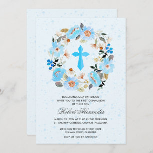 Boy First Community Watercolor Blue Floral Invite