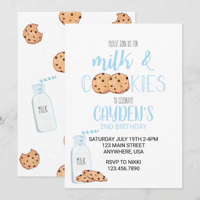 Boy milk e cookies Blue Birthday Convite (Frente/Verso)