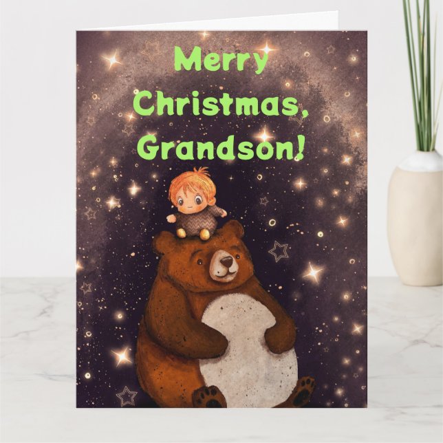 BOY N BEAR GRANDSON CHRISTMAS CARTÃO (Frente)