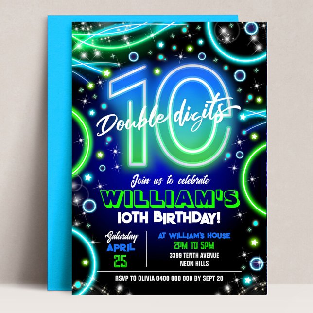 Boy Neon 10th Birthday Convite Duplos Dígitos (Neon 10th Birthday Invitation. Boy Double Digits invitation. Blue Green Neon 10th Birthday Party)