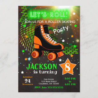 Boy Roller Skating Birthday Convite Neon