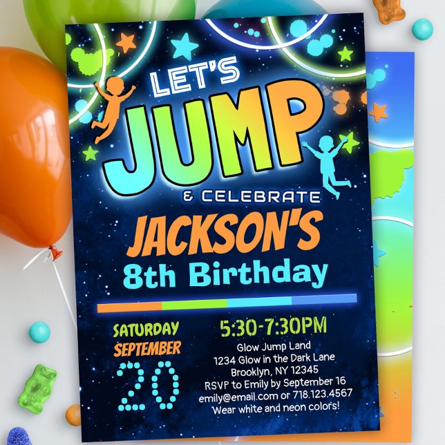 Boys Jump Party Birthday Convite Blue Orange (Criador carregado)