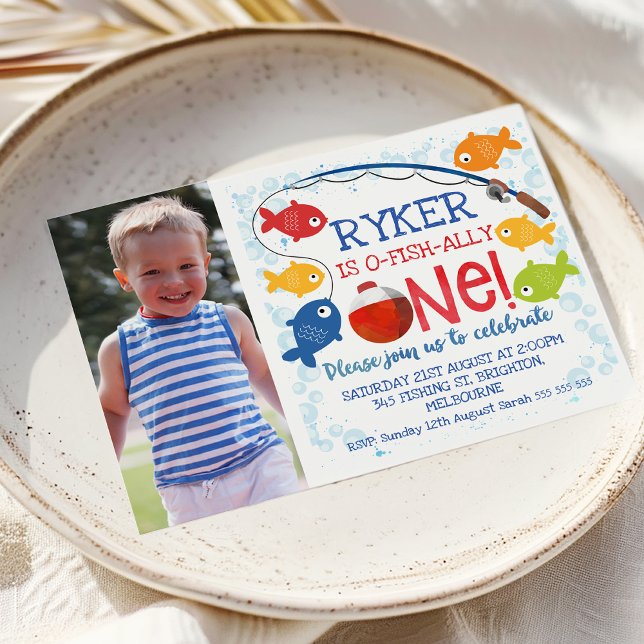 Boys O-fish-ally um convite de aniversário (Boy's O-Fish-Ally One 1st Birthday Invitation For Little Boy, Fishing Themed First Birthday Invite)
