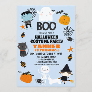 Boys Orange Blue Halloween Convite de Aniversário