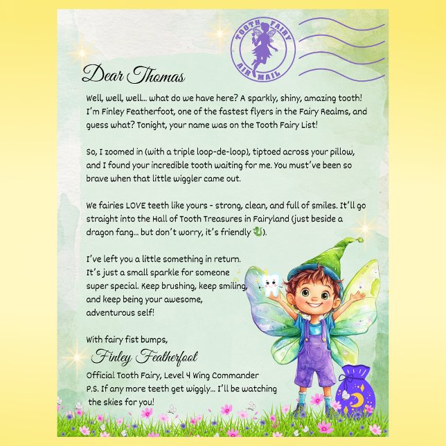 Boys Personalizados Fada - Letra Magia Keepsasak (Boys Tooth Fairy Letter – Personalized Tooth Fairy Note from Finley Featherfoot – Custom Printed)