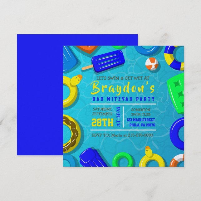 BOYS POOL SWIM FLOATS Convite de Festa Bar Mitzvah (Frente/Verso)