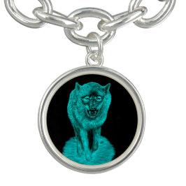 Bracelete Com Pingente Lobo Negro Zangado na Noite