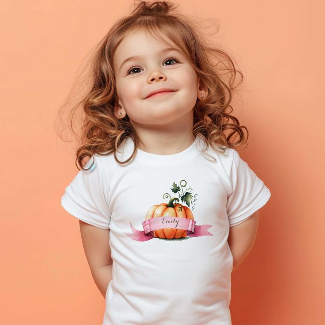 Branca Cor-de-rosa-rosa com Camisa T personalizada (Pumpkin t-shirt for kids personalized with your child's name by VG Invites)