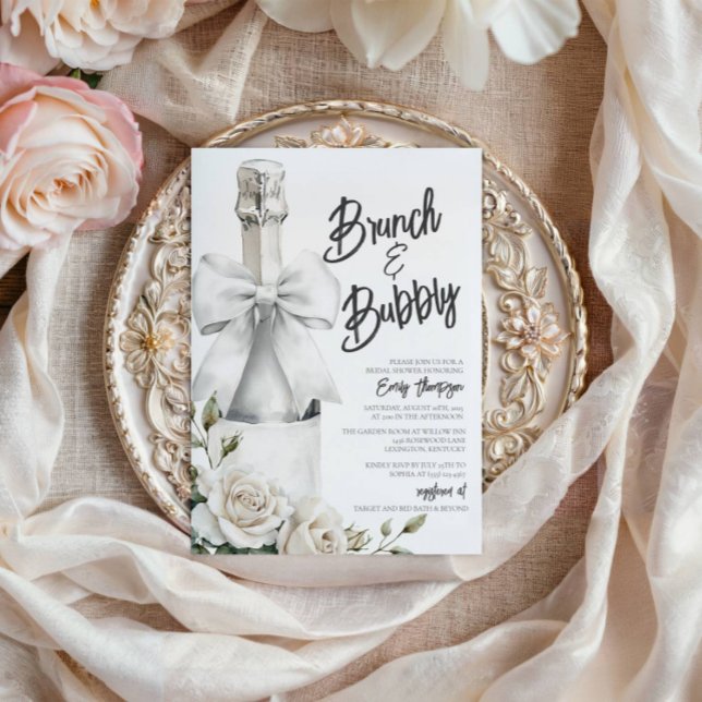Branca Elegante Brunch Floral e Bubble (Brunch & Bubbly Bridal Shower Invitation)