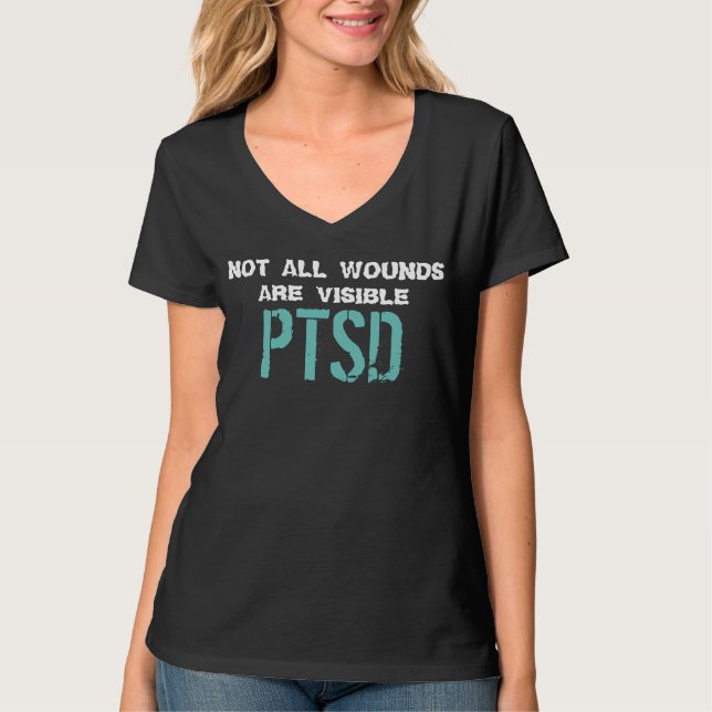 Branco do t-shirt de PTSD/cerceta (v-pescoço) (Frente)