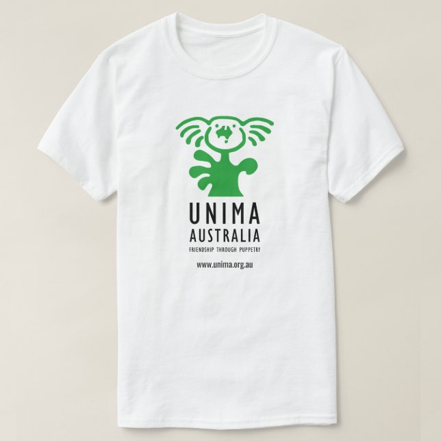 Branco do t-shirt dos homens de UNIMA Austrália (Frente do Design)