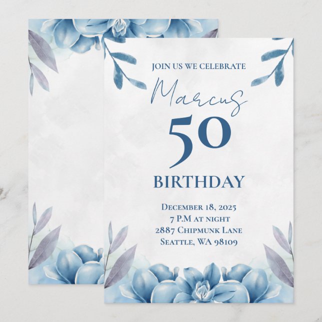 Branco Floral e Azul 50º Convite de Aniversário (Frente/Verso)
