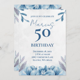 Branco Floral e Azul 50º Convite de Aniversário