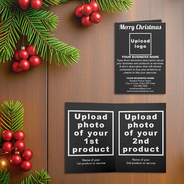 Branco | Natal | Padrão | Cartão de Festividades F (Black folded holiday card for Christmas with your business brand and products or services)