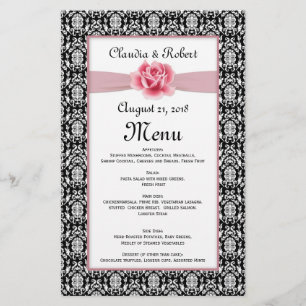 Branco preto do damasco, menu do casamento do rosa