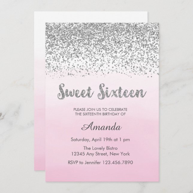 Brandamente rosa e doce de prata convite de 16 (Frente/Verso)