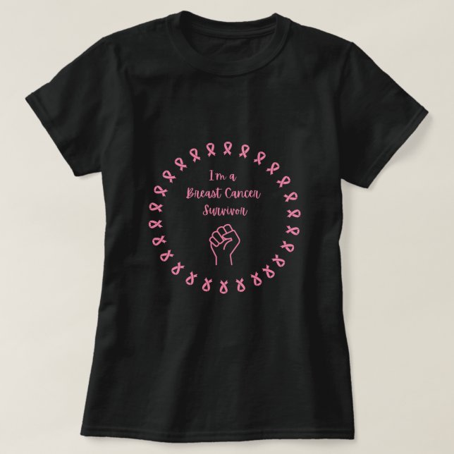 Breast Cancer Survivor Pink Fist Black T-Shirt (Frente do Design)