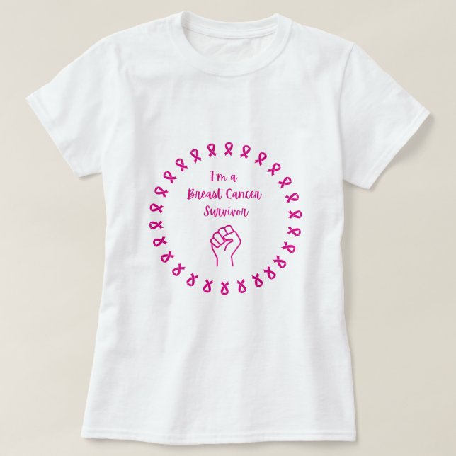 Breast Cancer Survivor Pink Fist White T-Shirt (Frente do Design)