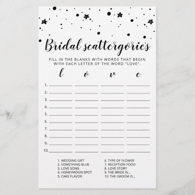Bridal Scattergories, Chá de panela de jogo editáv (Frente)