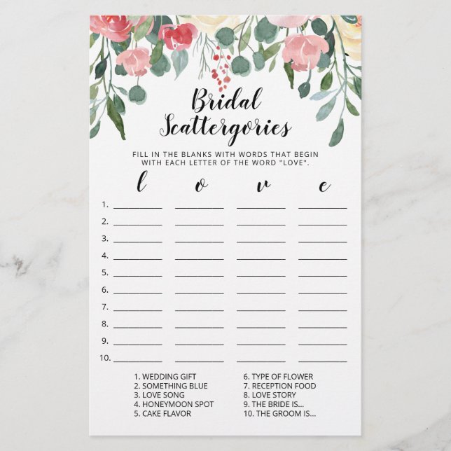 Bridal Scattergories, Chá de panela de jogo editáv (Frente)