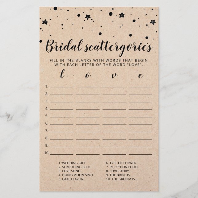 Bridal Scattergories, Chá de panela de jogo editáv (Frente)