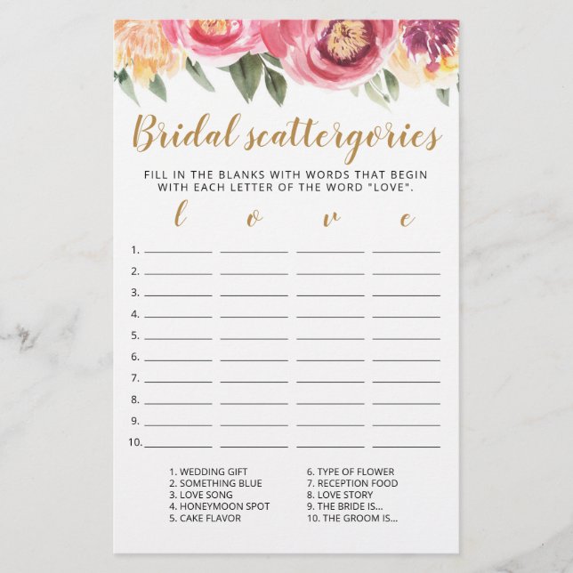 Bridal Scattergories, Chá de panela de jogo editáv (Frente)